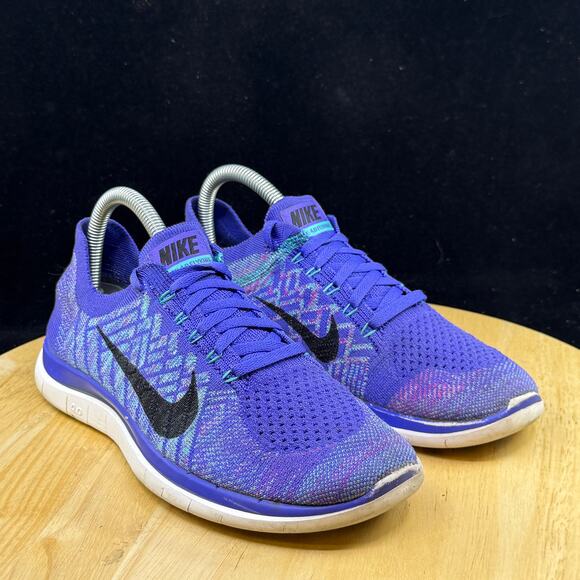 WOMENS 7.5 NIKE FREE 4.0 FLYKNIT RUNNING SHOES PURPLE BLUE WHITE 717076 501 - Picture 4 of 10